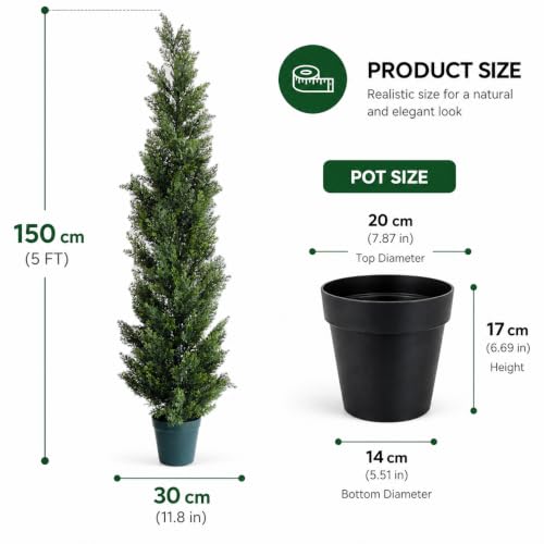 5 Feet Outdoor Artificial Cedar Topiary Trees Set of 2 - UV Resistant Faux Shrubs with Potted Design - Green