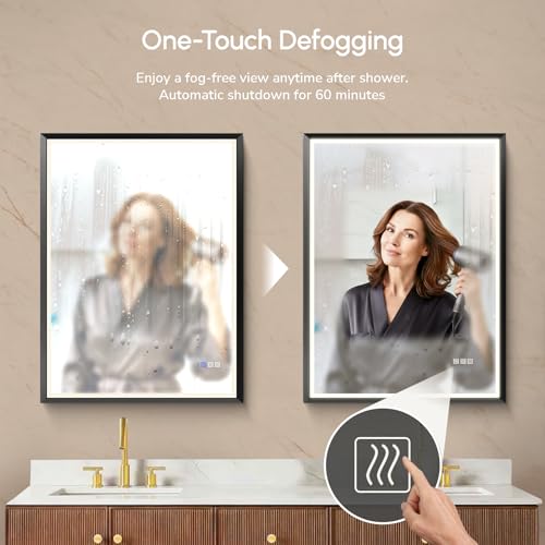 22x30 Inch Black LED Bathroom Mirror with Light Frame - Shatterproof & Modern