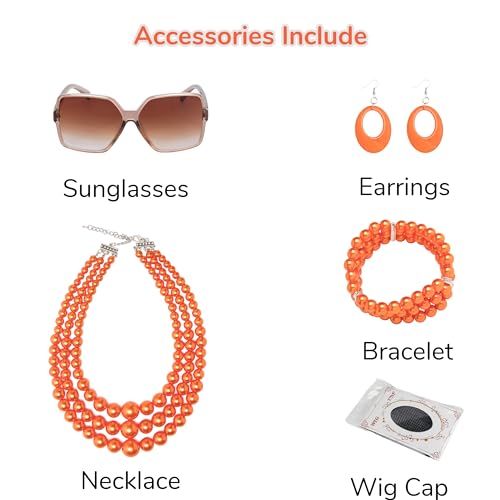 Women's Short Curly Red Brown 70s Wig with Orange Jewelry & Sunglasses - Variation of THIS listing