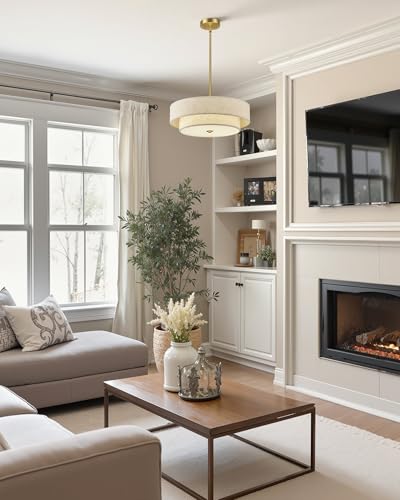 Modern Drum Chandelier - 18 Inch Linen Pendant Light with Brushed Gold Finish - 4-Light