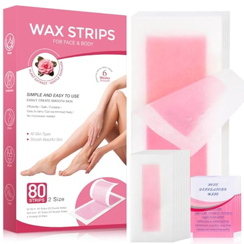 60 PCS Wax Strips for Hair Removal: 40 Body & 20 Facial Hair Removal for Women - Waxing Kit for Women, Face, Eyebrow, Arms, Legs, Chest, Back, Bikini/Brazilian Waxing Strips & 4 Calming Oil Wipes