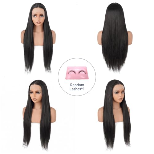 Natural Black Synthetic Lace Front Wig 13x4 30 Inch HD Transparent Pre-Plucked Hairline for Black Women - Looxey