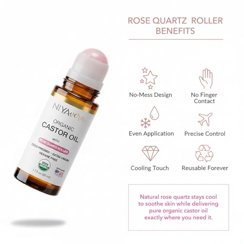 Organic Castor Oil Roll on with Rose Quartz For Face and Body - Cold Pressed Hexane Free Glass Bottle Unrefined 1.7 oz