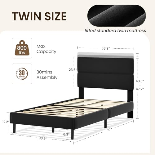 Twin Size Upholstered Platform Bed Frame with Velvet Headboard, Adjustable Height, Black