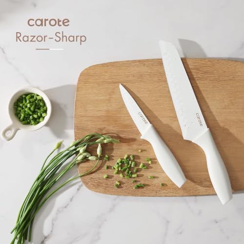 White 15-Piece Knife Set with Wooden Block & Built-In Sharpener - CAROTE