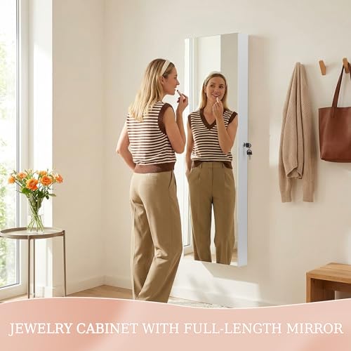 White Lockable Jewelry Cabinet with LED Lights Wall Mount Mirror