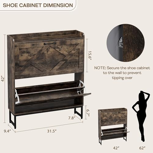 Nicetree Chestnut Shoe Cabinet with 2 Flip Drawers - Entryway Organizer