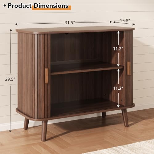 OneBlis Walnut 31.5-Inch Fluted Sideboard Buffet with Sliding Tambour Door