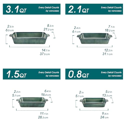 Deep Green Ceramic Casserole Set of 4 - Oven Safe Baking Dishes with Handles