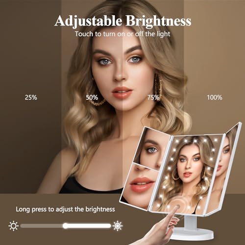 HUONUL Makeup Mirror, Vanity Mirror with Lights, 2X/3X/10X Magnification, Touch Control, Trifold, Dual Power Supply, Gifts Mothers Day for Mom,Gifts for Women, Wife, Girls,Dorm Room Essentials