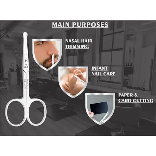 SILLVER Facial Hair Small Grooming Scissors for Men Women - Rounded and Curved - Eyebrow, Nose, Beard, Mustache, Eyelashes, Dry Skin and Ear Hair Trimming Scissors