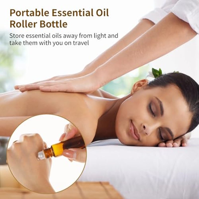 100 PCS 10 ml Amber Roller Bottles for Essential Oils - Empty Brown Glass Bottle, Refillable Roll on, Portable Travel Perfume Leakproof With Stainless Steel Ball