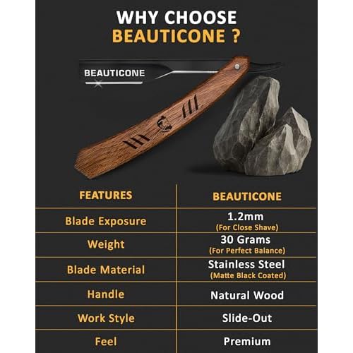 BEAUTICONE Straight Razors for Men, Straight Edge Razor with Single Edge Replacement Blades, Stainless Steel, Barber Razor for Men's Shaving, Barber Shaving Knife, Wooden Handle, Slide-Out
