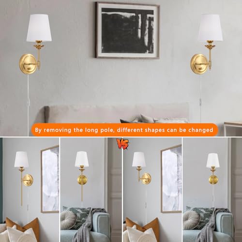 Gold Plug-In or Hardwired Wall Sconce Set of 2 - Dimmable Mid Century Modern Bedside Lighting with Knob Switch and 6.5FT Cord