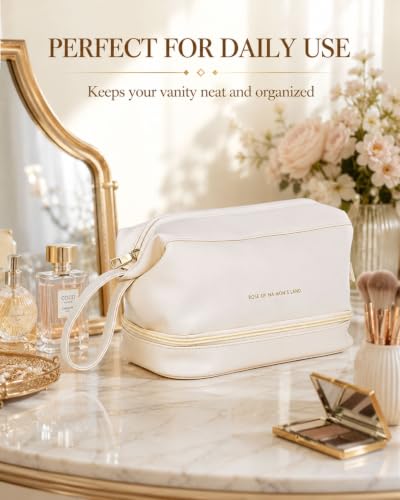 Pocmimut Large White PU Leather Makeup Bag with Mirror, Double Layer Travel Organizer for Women