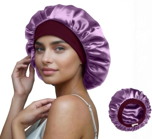 SereLune Purple Double Layer Mulberry Silk Sleep Bonnet for Long Hair, Soft Elastic Band