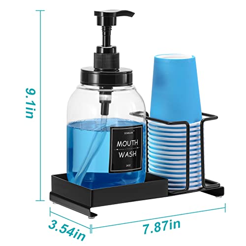 Mouthwash Dispenser for Bathroom,Mouth Wash Pump Bottle with Stainless Steel Cup Holder,24 OZ Refillable Clear Mouthwash Container(2Pack)