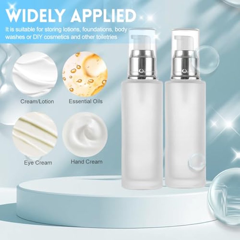 2 Pcs Frosted Glass Lotion Bottles with Pump Dispenser - 120ml/4oz, Ideal for Cosmetic Creams, Makeup, Essential Oils