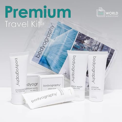 World Amenities - Bodyography Blanc Mini Travel Size Toiletries Bathroom Kit | Vanilla White Tea| Shampoo, Conditioner, Body Wash, Lotion, Artisan Soap and Massage Bar
