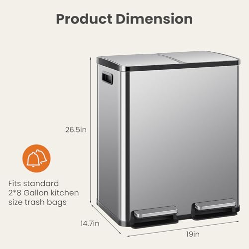 DUMOS Kitchen Trash Can, 2x8-Gallon Dual Can with Lid, Stainless