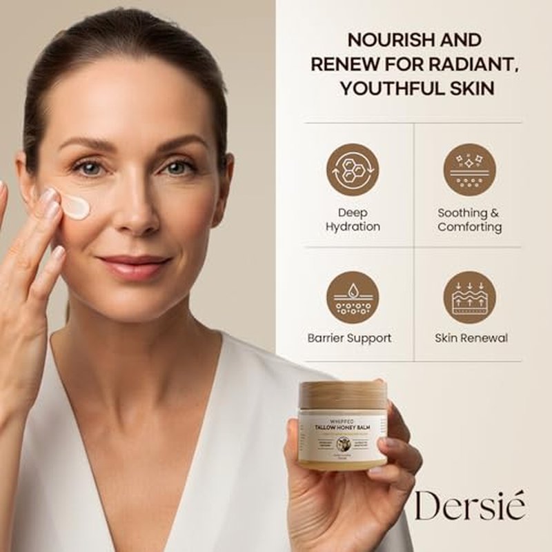 Dersie Tallow and Honey Balm for Face: 100% Grass-Fed Whipped Tallow Balm with Manuka Honey for Dry, Sensitive & Mature Skin ? Deep Hydration & Soothing ? Suitable for Women, Men & Kids (2.1 oz)