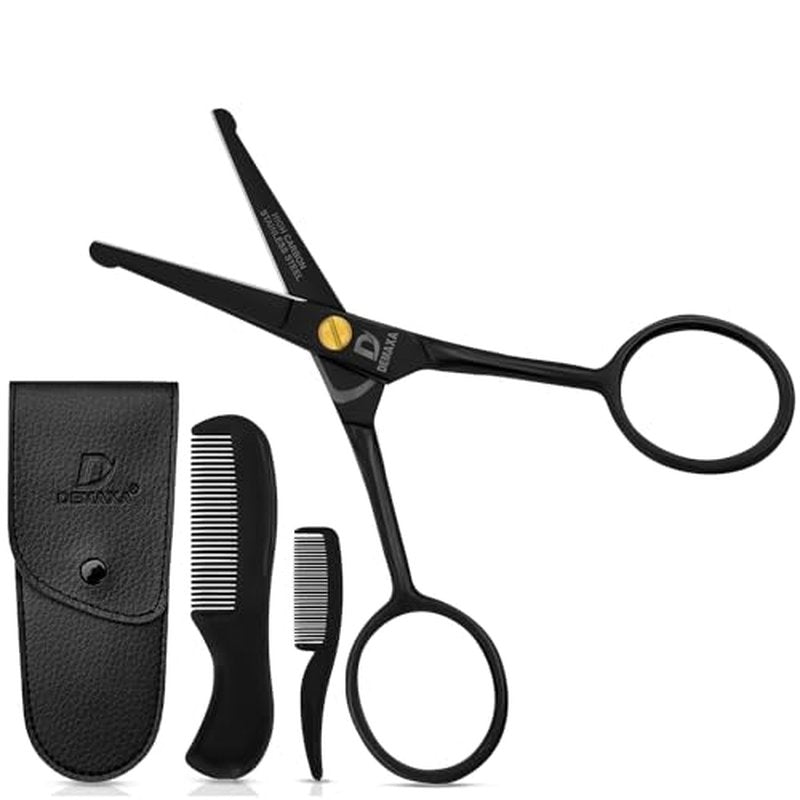4.5" Round Tip Safety Mustache Scissors Beard Scissors with 1 Mustache Comb, 1 Beard Comb & Soft Pouch ? Best Facial Hair Shears for Beard Mustache Trimming Nose & Ear Hair
