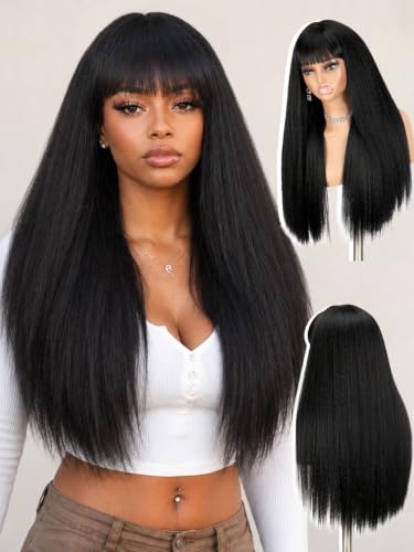 Long Yaki Straight Wig with Bangs for Black Women - Black / 26 - Glueless, Beginner Friendly Synthetic Hair