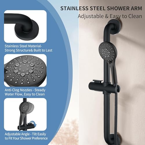 BRIGHT SHOWERS Matte Black Stainless Steel Shower Slide Bar Set with 5-Spray Handshower and 69-Inch Hose – ADA Compliant