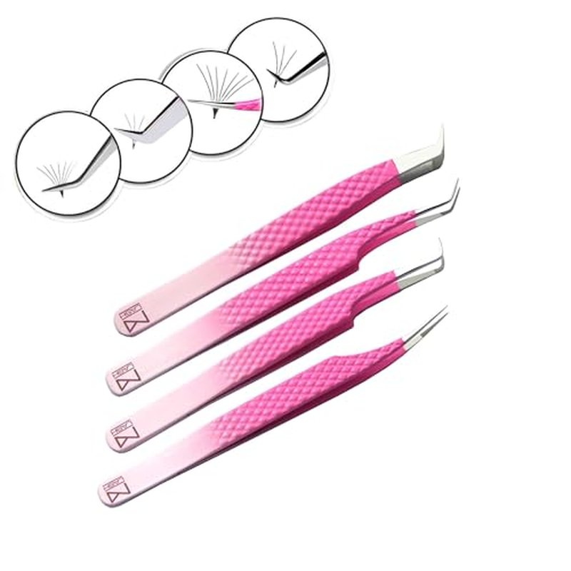 M LASH tweezers for Eyelash Extension (Set of 4) - Professional & Precision Eyelash tweezers - Japanese Steel, Diamond Grip, Fiber Tip V3 lash applicator tool (PW-Ombre)