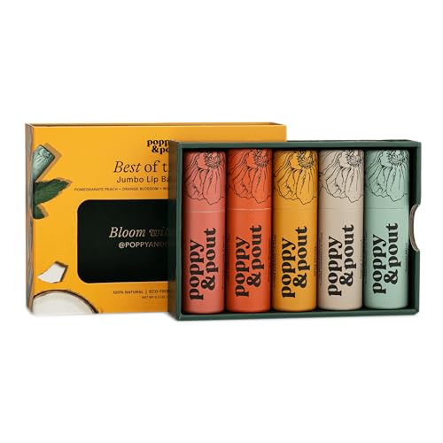 Jumbo Lip Balm Gift Set 5-Pack - Poppy & Pout All Natural Lip Balms (Island Coconut, Pomegranate Peach, Sweet Mint, Wild Honey, Orange Blossom) - Cruelty-Free