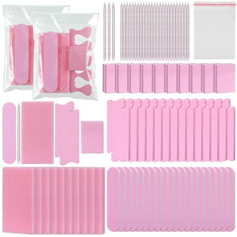 50 Sets Disposable Pedicure Kit Individually Package 5 in 1 Pedicure Tools Pumice Stone Nail File 80/100 Grit Mini Buffer Toe Separator Cuticle Pusher Clear Bag for Salon Home(Pink)