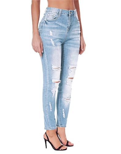Women's High Waisted Ripped Skinny Jeans Blue 6 / Distressed Butt-Lifting Denim