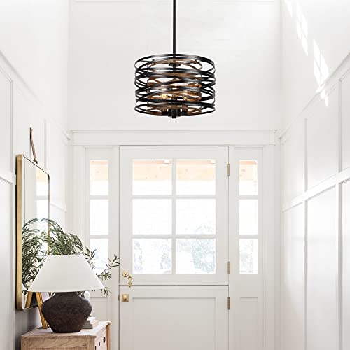 12.6-Inch Farmhouse Chandelier with Retro Wood Texture and 3 Lights - Black Pendant Light for Dining Room Kitchen Foyer