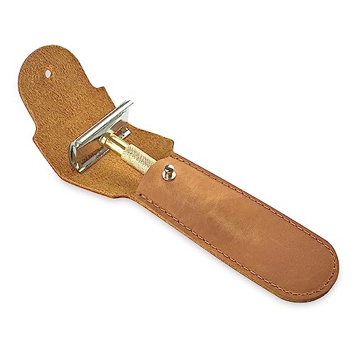 Safety Razor Head Protecting Leather Cover, Genuine Cowhide Leather Double Edge Safety Razor Case Accessories for Travel, Butterfly Razor Case, Soft Leather Double Edge Razor Case (Vintage Brown)