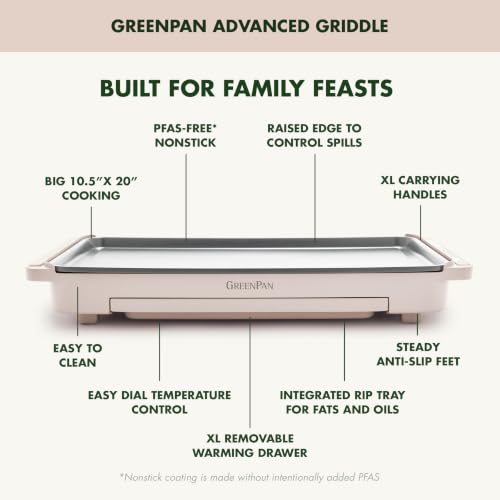 Electric Griddle 10.5x20 Inch with Warming Drawer - Ceramic Nonstick, PFAS-Free, Adjustable Temperature, Dishwasher Safe, Clay