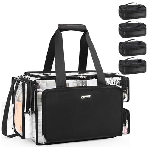 Relavel Clear Makeup Bag with 4 Small Pouches, Extra Large Makeup Artist Kit Set, Cosmetic Storage Organizer Transparent Tote Beach Toiletry Bag with Adjustable Dividers & Shoulder Strap