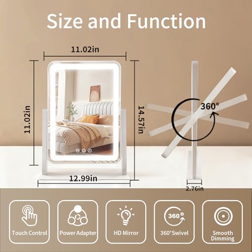 ROLOVE Vanity Mirror with Lights 13x16 Inch, Smart Touch Control, 3 Color Lighting Modes, Table Top Mirror with Stand for Bedroom