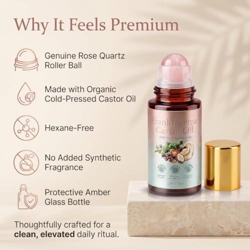 Organic Castor Oil Roll-On with Rose Quartz & Frankincense for Face & Eyes, 1.7 Fl Oz