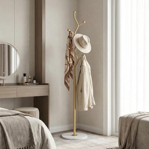 Gold Freestanding Coat Rack with Marble Base & 9 Hooks - Modern Entryway Organizer