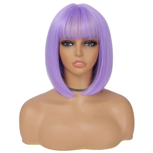 Purple Bob Wig with Bangs - 12 Inch Short Lavender Synthetic Wig for Women
