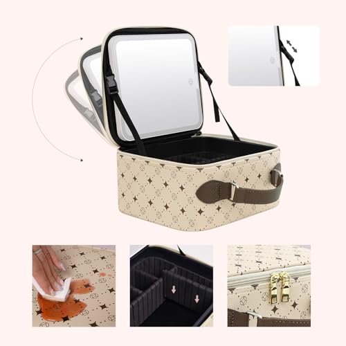 Travel Makeup Bag With 360¡Æ rotating LED Mirror,Waterproof cosmetic organizer,Portability Cosmetic case,Makeup organizer,Gift for Women,Girls Gift (Beige + Brown)