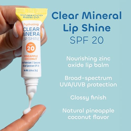 Seaweed Bath Co. Hydrating Clear Mineral Lip Shine SPF 20 Sunscreen Zinc Oxide Lip Balm, 0.28 Oz (6 Pack), Moisturizing Care for Dry, Chapped Lips