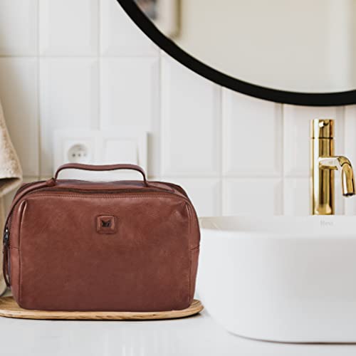 Real Leather Toiletry Bag Dopp Kit for Men Women Travel Shaving Pouch Organiser Double Compartment Cosmetic