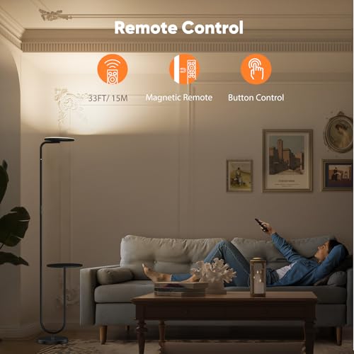 Black 36W LED Floor Lamp with Table, Dimmable Tall Standing Light with Remote