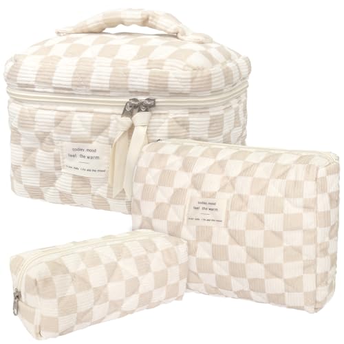 Cozomga 3pcs Brown Checkered Quilted Makeup Bag Set - Travel & Daily Organizers