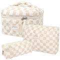 Cozomga 3pcs Brown Checkered Quilted Makeup Bag Set - Travel & Daily Organizers