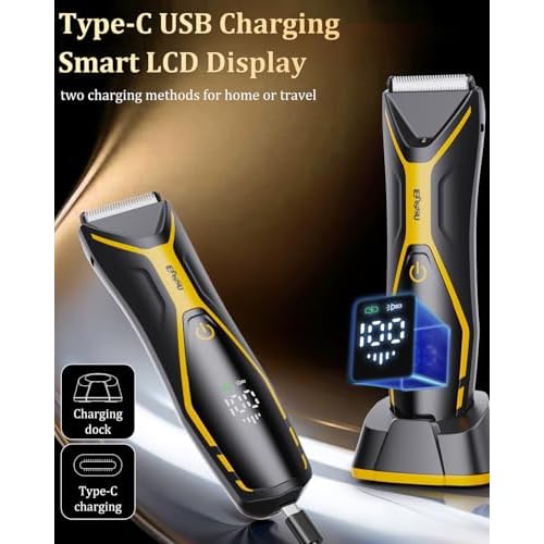 Electric Body Hair Trimmer for Men Type-C Rechargeable, Ball Pubic Trimmer Shaver Men with LED Light, Groin Body Groomer for Man, USB Recharge Dock& 1H Fast Charge, LED Display, Black+Yellow