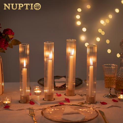 Hurricane Glass Candle Holders Set of 18 with Gold Bases - Elegant Taper Candle Holders