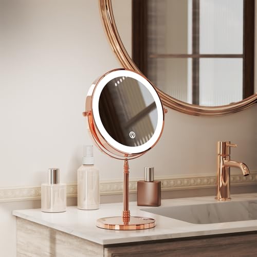 Nicesail 1X/10X Magnifying Mirror with 3 Color Dimmable Lighting, Makeup Mirrors Light up and Magnified with 360 Rotation for Table, Rose Gold(8 Inch, 10X Magnification)
