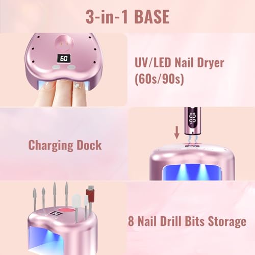 Cordless Electric Nail Drill File: 35000RPM Professional Nail Drill Machine with UV LED Nail Lamp Charging Base, Manicure Pedicure Kit E File for Acrylic Gel Dip Powder Polish Pink
